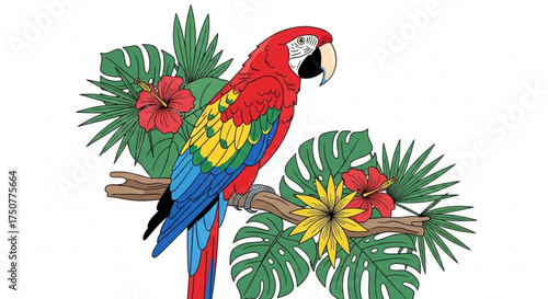 A vibrant parrot perched on a branch surrounded by lush tropical foliage, , showcasing the beauty of natures artistry
