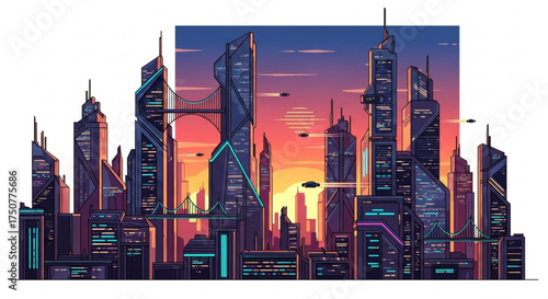 Futuristic cityscape illustration with towering skyscrapers, flying vehicles, and a vibrant sunset, creating a dynamic and imaginative urban scene