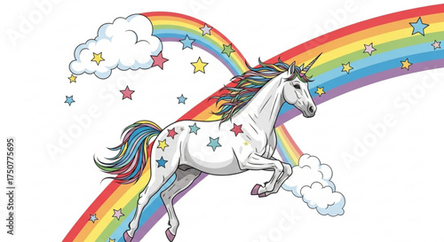Enchanting unicorn illustration prancing amidst a colorful rainbow and fluffy clouds, radiating magic, wonder, and joy