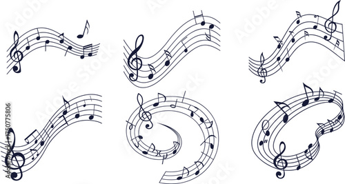 Curved musical notes and treble clef lines illustration, elegant melody and rhythm wave design, artistic black and white music staff collection for creative sound or harmony concept.