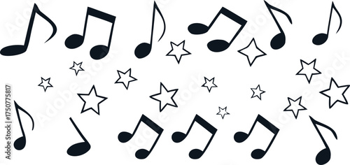 Musical notes and star pattern illustration, playful melody and rhythm background design, black and white music symbol art for creative decor, celebration, or artistic concept.