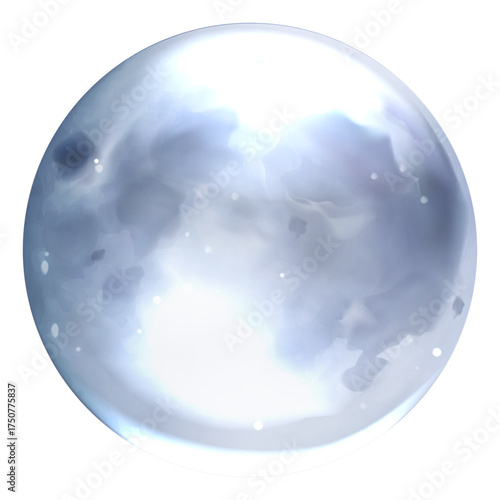 A luminous and ethereal crystal orb filled with swirling grey clouds and sparkling stardust on a white background.