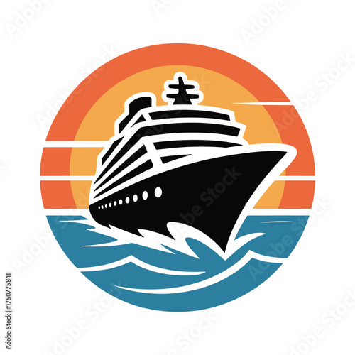 Black cruise ship sailing on blue water with orange and yellow sunset stripes ocean