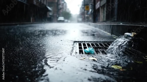 Powerful rainstorm flooding city streets and flowing into storm drains dynamically