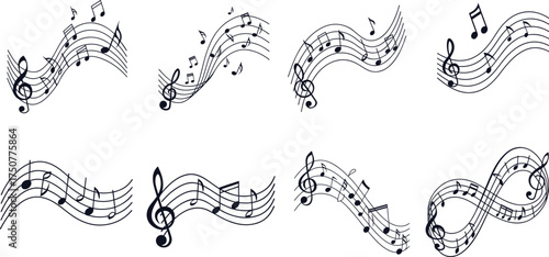 Flowing musical notes and treble clef line art set, elegant curved staff illustration  melody, harmony, and rhythm, decorative music wave design for art, sound, or creativity concept.