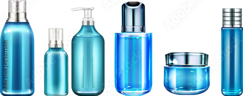 A collection of blue glass cosmetic bottles and jars for skincare products on a white background.