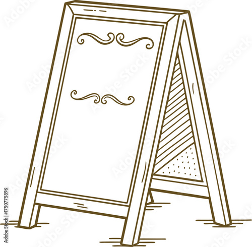 Vintage wooden chalkboard sign stand illustration, hand drawn blank cafe or restaurant menu board design, retro outline sketch for shop, street advertising, or welcome signage concept.