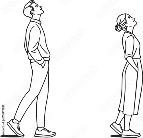Minimalist line art of man and woman standing and looking up, stylish couple outline illustration in casual clothing, modern black drawing  curiosity, thought, or admiration.