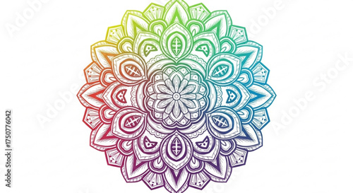 A vibrant and intricate rainbow mandala illustration, , showcasing a symmetrical design with floral and geometric elements
