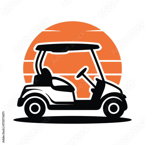 Black golf cart silhouette against orange sunset stripes vehicle transportation