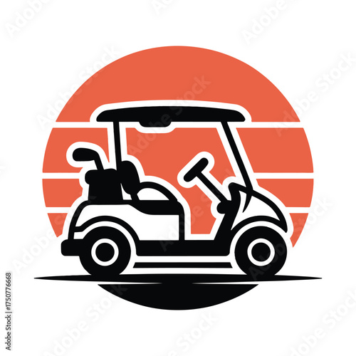 Golf cart with clubs on orange striped background vector graphic vehicle transportation