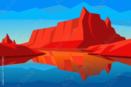 Vibrant desert landscape red rock cliffs reflecting in crystal lake