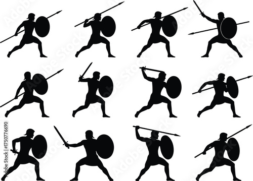 Silhouette set of ancient warriors holding shields and spears in fighting poses, heroic soldier battle stance vector illustration design