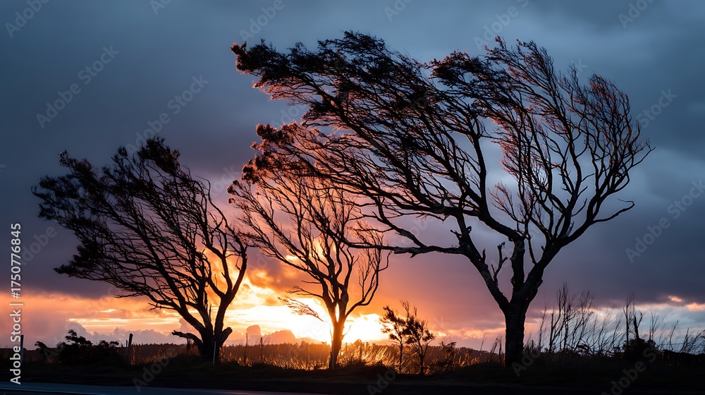 Naklejka premium A stunning sunset through storm clouds, silhouetting windswept trees, creating a dramatic atmospheric scene.