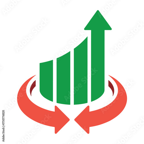 Green bar graph with upward arrow and red circular arrows growth chart