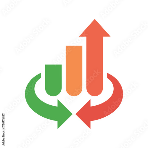 Green orange red bar chart with circular arrows graph growth