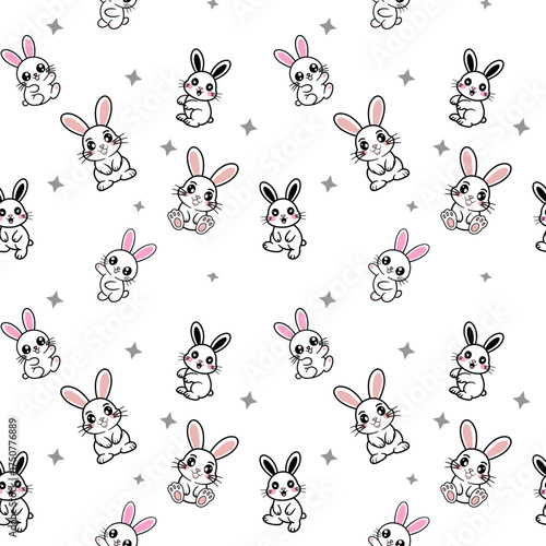 A seamless vector pattern of adorable cartoon rabbits with scattered across a white background with subtle stars. This sweet, childlike design is perfect for Easter, kids' apparel, or baby products.