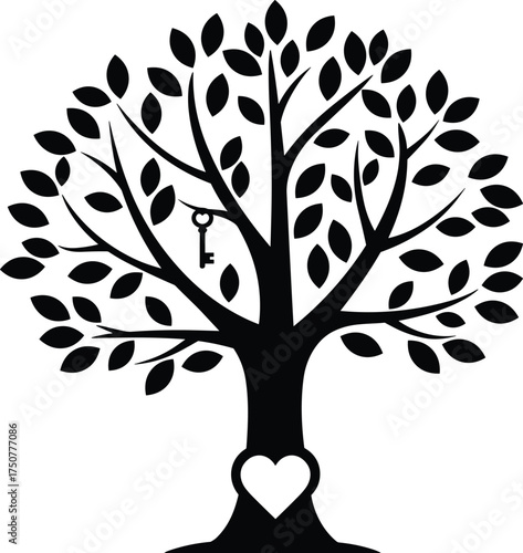 Silhouette tree with heart and hanging key symbolizing love, mystery, nature, emotional depth, romantic secrets, and poetic storytelling design