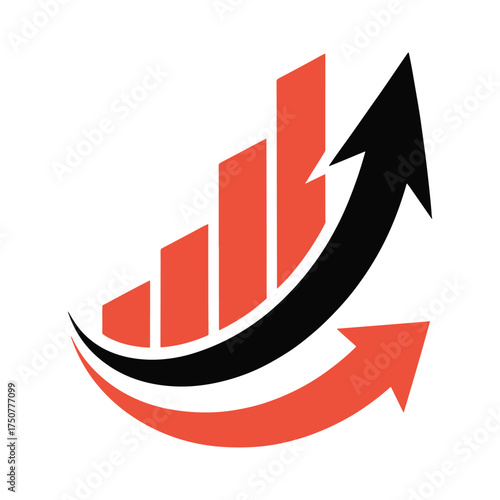 Red and black arrows rising over orange bar graph on white background growth increase
