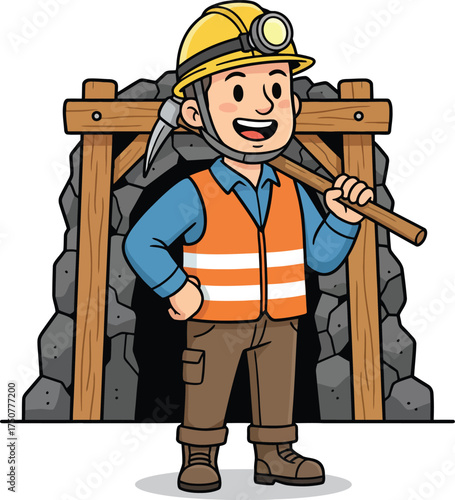 Friendly Cartoon Worker Posing at Mine Entrance Illustration