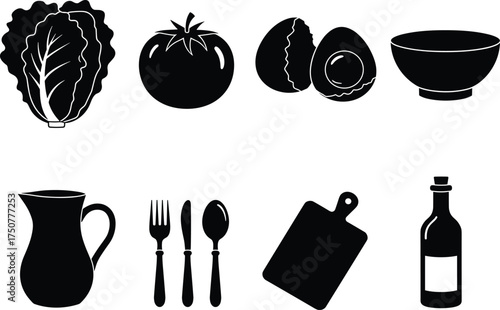 Silhouette vector collection of kitchen utensils, vegetables, eggs, bowl, pitcher, cutlery, chopping board and bottle isolated on white background illustration