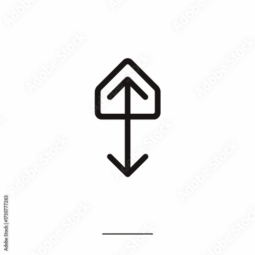 A minimalist black line icon featuring opposing up and down arrows integrated with a house symbol.