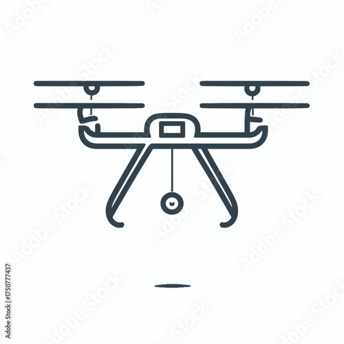 Simplified drone outline with rotors and a camera, ideal for graphic design, technology presentations, aviation industry marketing materials.