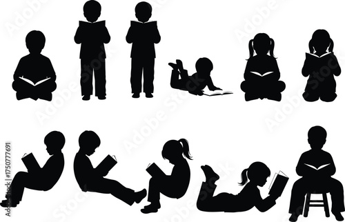 Silhouette vector illustration of children reading books in various sitting and lying poses representing education, imagination, study, and childhood learning.