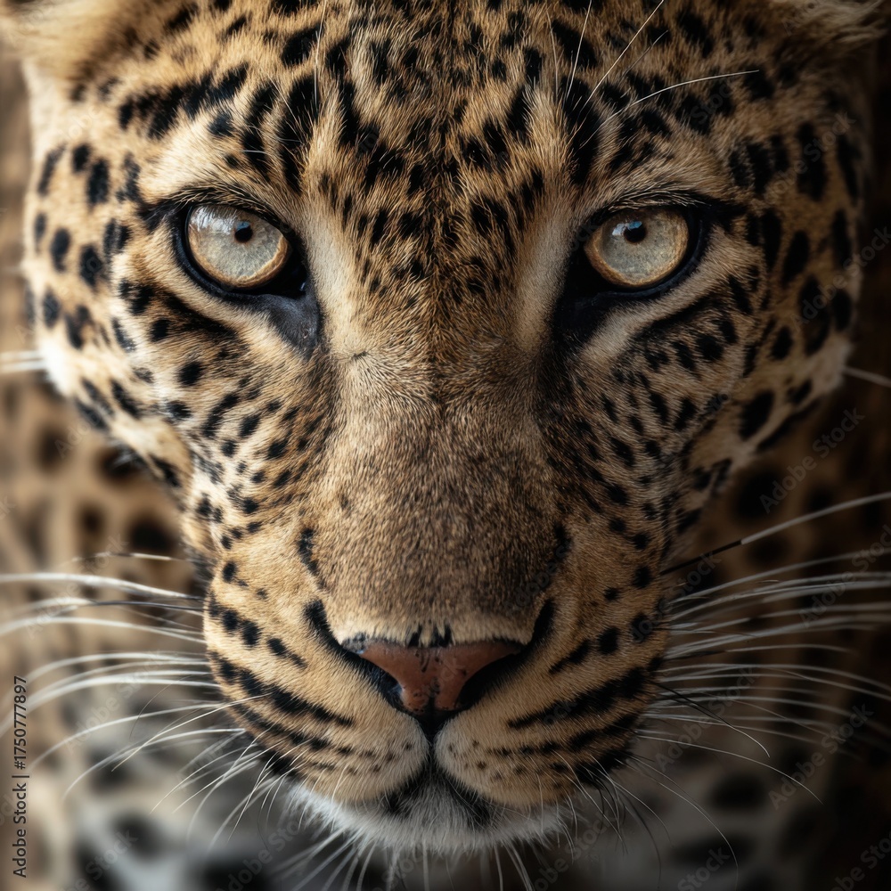 Obraz premium Close-up portrait of a majestic leopard with piercing eyes and spotted fur.