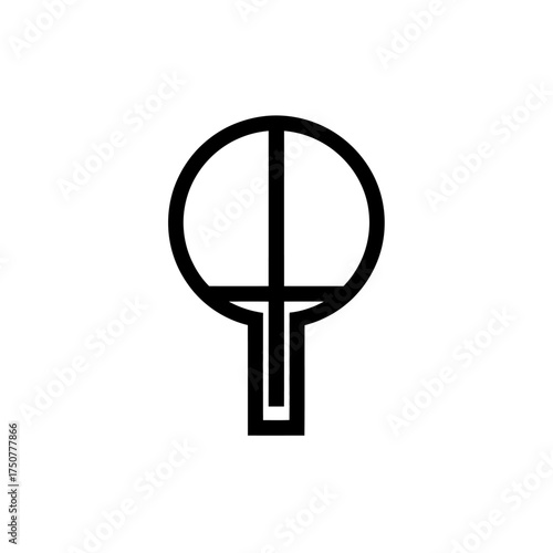 Minimalist black and white line art illustration of a table tennis paddle or ping pong racket, simple geometric design.
