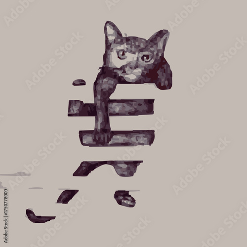 Abstract Glitch Cat Portrait: Monochrome Feline Illustration with Horizontal Disruption Effect and Dark Aesthetic