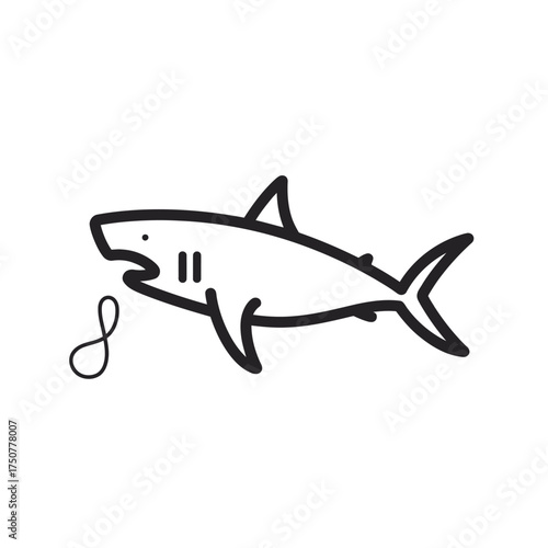 A simple black and white line art drawing of a shark with an infinity symbol coming from its open mouth.