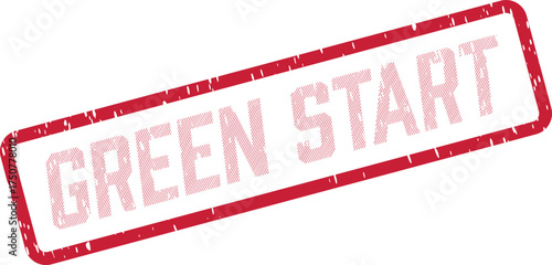 Red rectangular rubber stamp with a distressed effect presenting the words GREEN START clearly