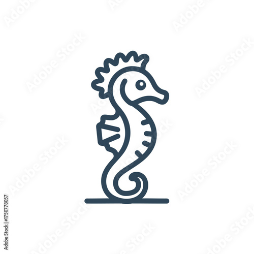 A simple, stylized line art illustration of a seahorse in a dark blue outline against a white background.