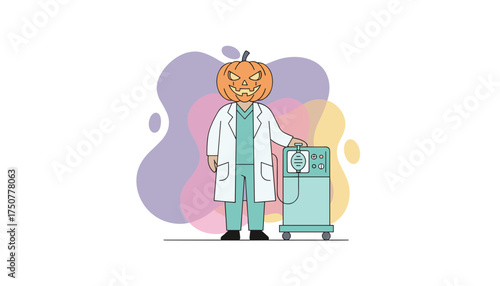 Healthcare worker with pumpkin head medical uniform and equipment combining spooky and science