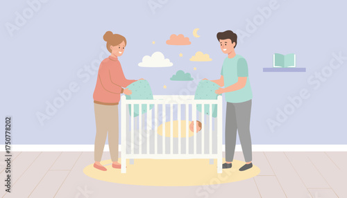 Happy parents prepare babys crib in a cozy nursery Family care love new life