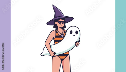 Woman in witch hat and swimsuit holds a ghost float blending Halloween and summer fun