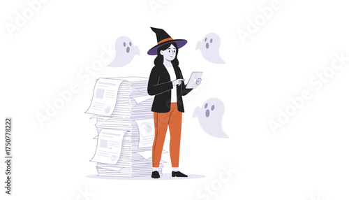Busy witch with tablet managing overwhelming paperwork surrounded by Halloween ghosts