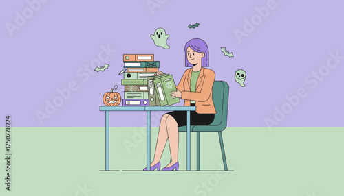 Smiling businesswoman organizing festive Halloween office files with ghosts and bats