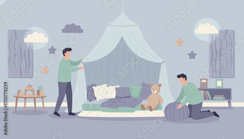 Two men arranging a cozy play nook in a childs bedroom Family home decor care