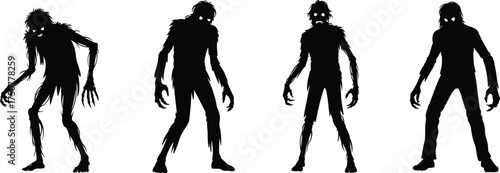 Silhouette vector illustration of creepy zombies with glowing eyes, scary undead monsters, horror creatures and Halloween apocalypse characters isolated on white background