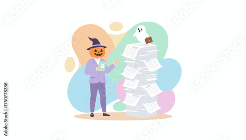 Pumpkinheaded businessman with ghost helper facing a monstrous pile of paperwork Halloween work overload