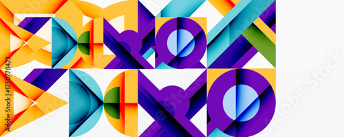 Abstract geometric composition. Bright colors, sharp angles, repeating patterns create dynamic visual effect. Modern design elements present.