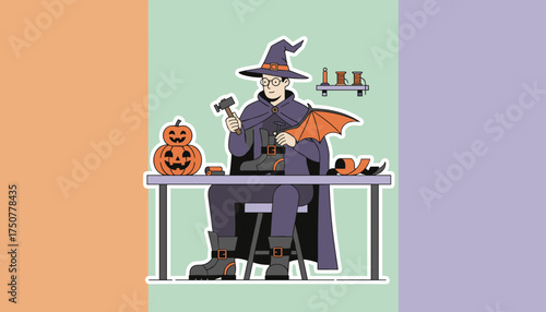 Witch crafting Halloween boots and bat wings at a table with pumpkins Spooky season preparation