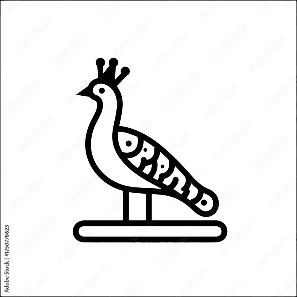 Obraz premium Black and white illustration of a stylized peacock with a crown, perched on a platform.