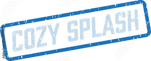 A blue rectangular grunge style stamp with a textured appearance prominently displaying the phrase COZY SPLASH
