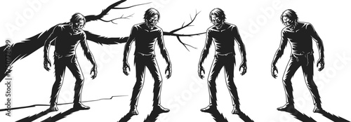 Silhouette vector illustration of scary zombies walking with shadows, horror undead creatures, Halloween monster design and apocalypse character artwork isolated background