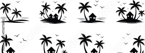 Silhouette vector illustration of tropical beach huts with palm trees, island cottages, seaside vacation houses and exotic summer holiday landscape design