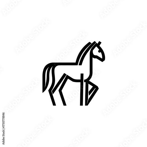 A minimalist black and white line art illustration of a horse standing with its front left leg raised.