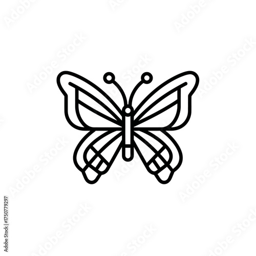 Black and white outline icon of a butterfly with detailed wings and antennae, representing nature and freedom.
